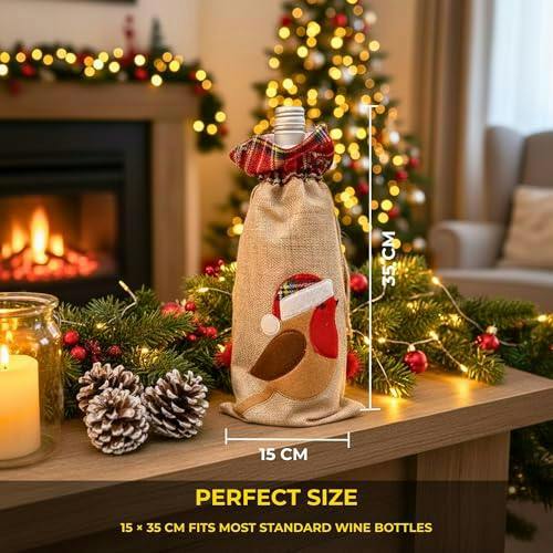 15 x 35 cm Christmas Wine Bottle Cover Bag with Drawstring, Festive Robin Printed Design image 4