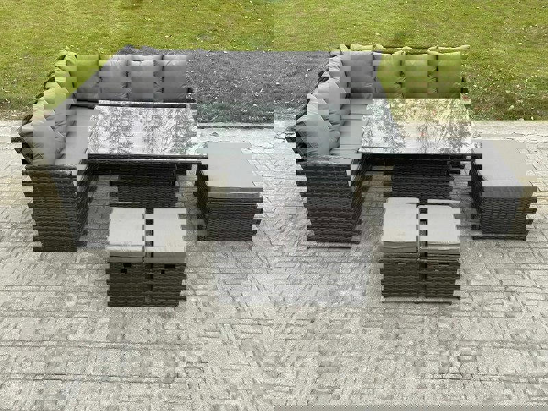 Fimous Wicker PE Outdoor Rattan Garden Furniture Set Height Adjustable Rising Lifting Table Sofa Dining Set with 3 Footstools Dark Grey Mixed