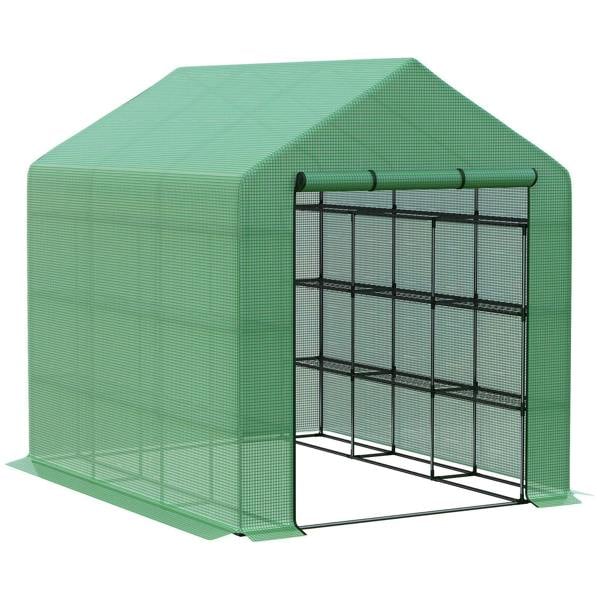 Dark green walk-in greenhouse with 4-tier shelf rack and roll-up zipped door opening