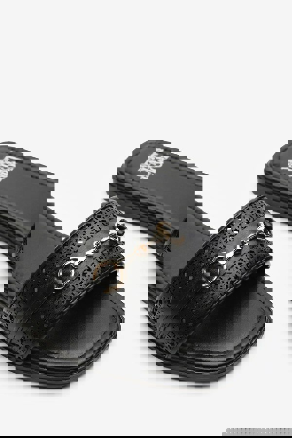Where's That From Mackenzie Black Sliders With Geometric Strap And Metal Detail