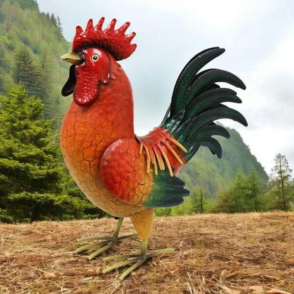 EDH Door Hardware Large Metal Red Cockerel (44cm x 16cm x 36cm) – Handcrafted Rustic Rooster Garden Ornament  Farmyard Statue