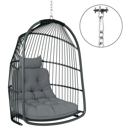Bobobiy Hanging Egg Chair, Foldable Rattan Garden Swing Chair with Installation Kit, Thickened Cushion and Headrest, Dark Grey