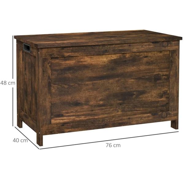 Rustic wooden storage trunk with lift-up lid and cut-out handles, dark brown finish