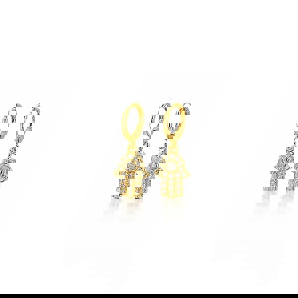 Gold hamsa hand earrings on a white background