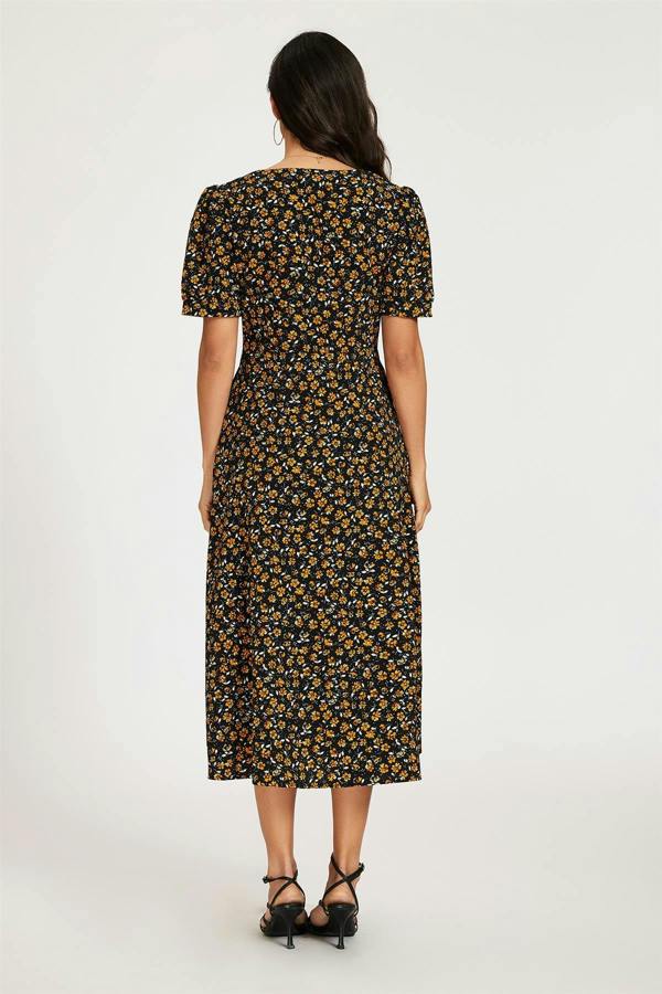 FS Collection Floral Print Button Front Puff Sleeve Midi Dress In Black
