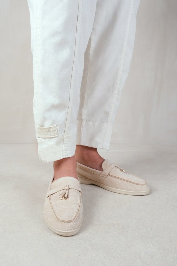 Where's That From Pegasus Slip on Trim Loafers With Accessory Detailing in Beige Suede