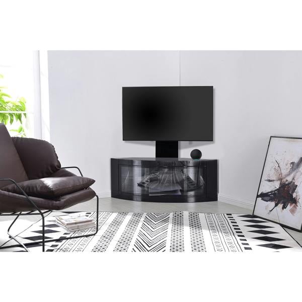 Homeology PANGEA Gloss Black Beam-Thru Curved True-Corner 32"-50" TV Cabinet with Mounting Arm