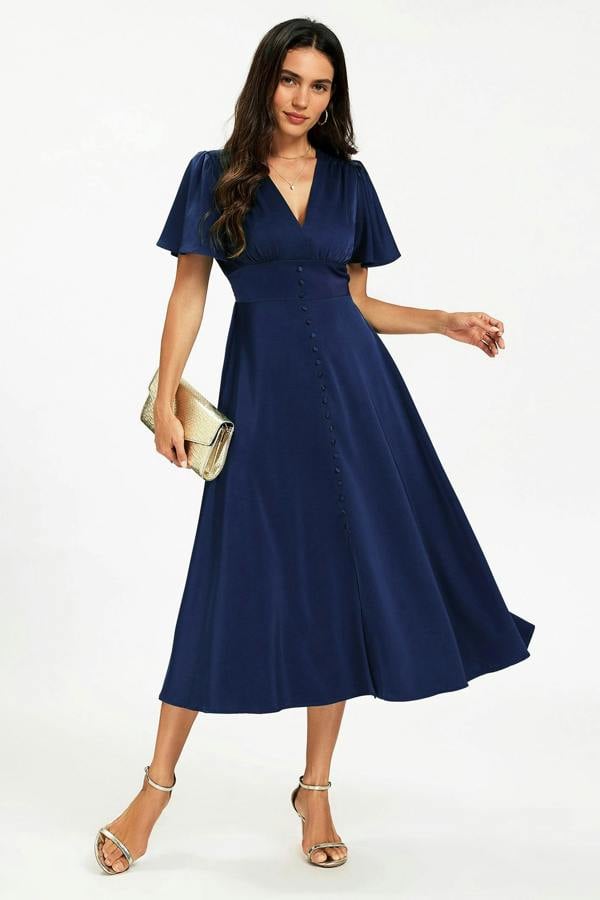 FS Collection Satin V neckline Button Detail Dress In Navy
