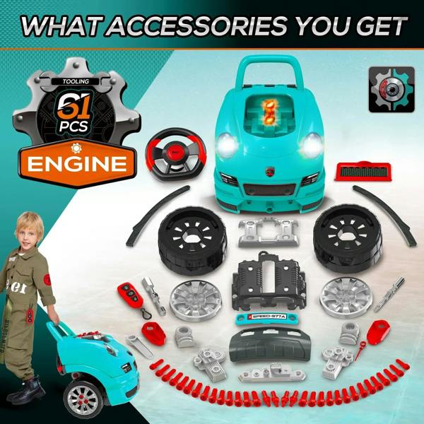 Teal kids toy car with red engine parts and included workshop accessories laid out