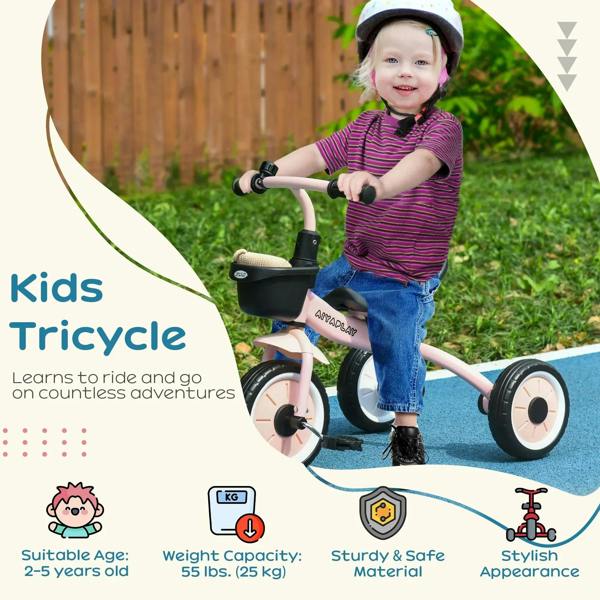 Pink kids tricycle with front basket and three-wheel design