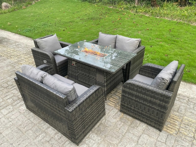 Fimous Rattan Outdoor Furniture Gas Fire Pit Rectangle Dining Table Gas Heater Adjustable Reclining Chairs Love Sofa Sets 6 Seater