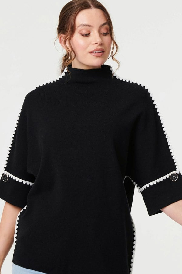Black | Contrast Trim 3/4 Sleeve Jumper
