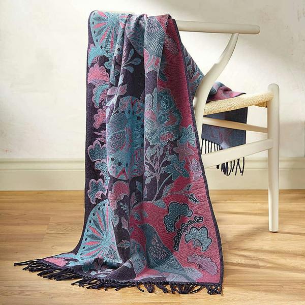 Pia Reversible Viscose Scarf, Navy Fuchsia & Teal Vintage Print