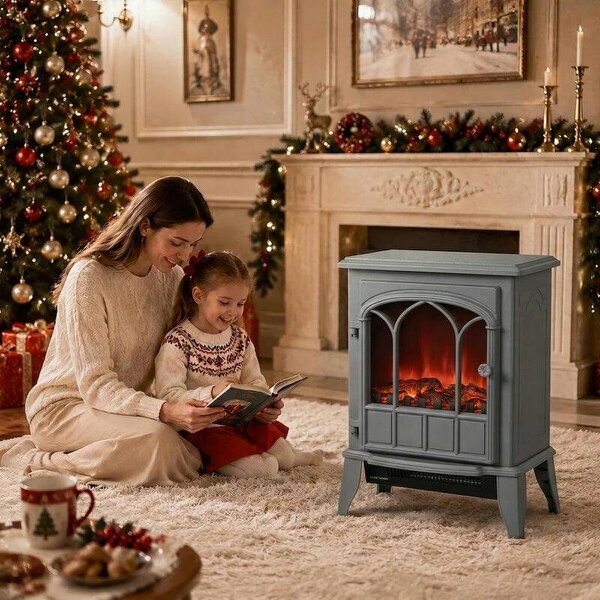 Freestanding Electric Fireplace, Electric Log Burner with LED Flame Effect, Overheating Safety System, 1000W/2000W Grey