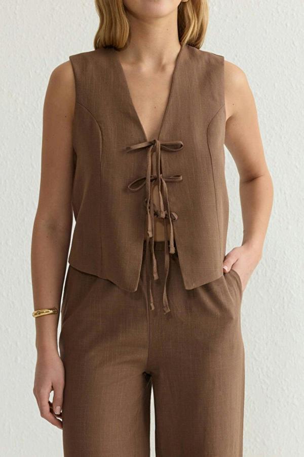 WOVCOR 2-Piece Tie-Front Linen-Look Blouse & Wide Leg Woven Pants Set