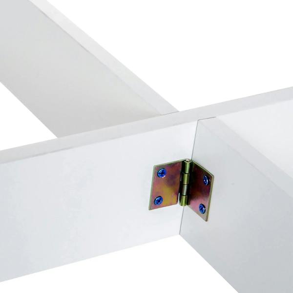 Close-up of white folding table hinge with metal pin and screws connecting panels.