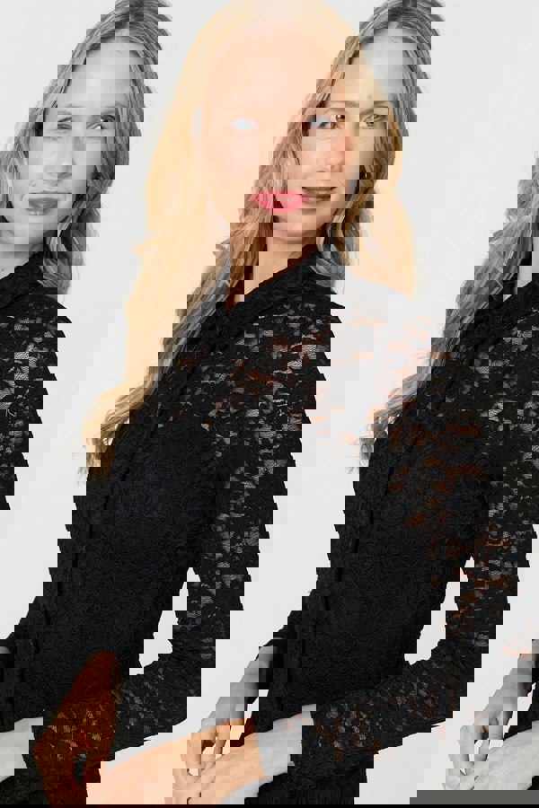 Black | Lace Layer Long Sleeve Mini Shirt Dress
