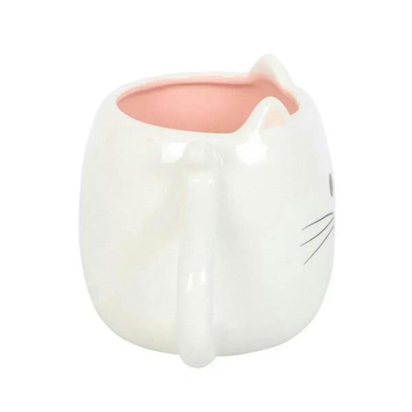 Cat-shaped ceramic mug, white with pink cup interior and ear detail