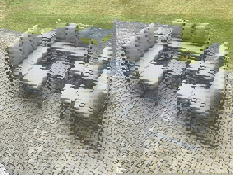 Fimous Aluminium Outdoor Garden Furniture Set Patio Lounge Sofa with Square Coffee Table Side Table 2 Armchairs 3 Footstools Dark Grey