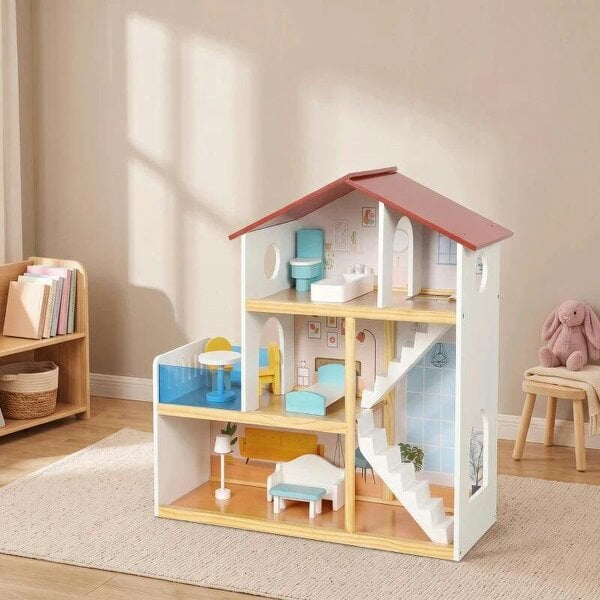 Kids Wooden Dolls House, 3-Story Dollhouse with 5 Rooms and 11 Accessories, Pretend Play Gift for Ages 3+, White