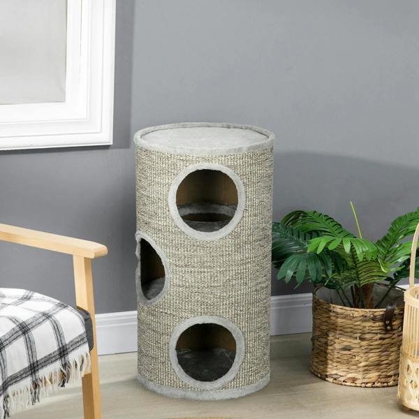 Light grey cat climbing frame cylinder with three round openings and flat, cushioned top
