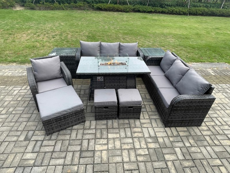 Fimous Rattan Outdoor Garden Furniture Set with Gas Fire Pit Dining Table, 1 Chair,  2 Sofas, 2 Side Tables, 3 Footstools - 10 Seater - Dark Grey