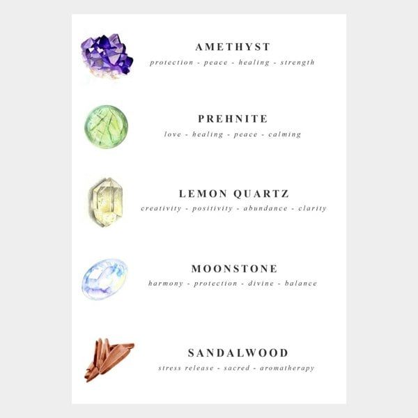 Kati Kaia amethyst mala necklace featuring amethyst, prehnite, lemon quartz, moonstone and sandalwood with healing properties