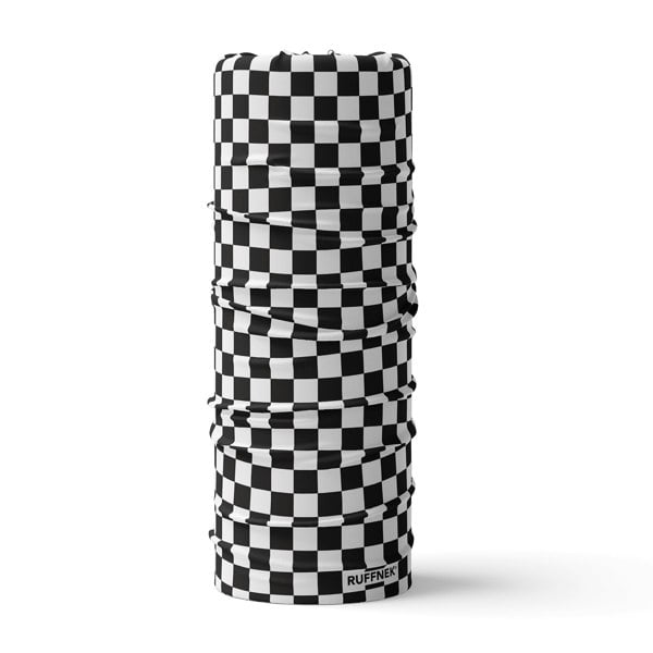 RUFFNEK® Black & White Chequerboard Snood – versatile neck warmer for bikers, chefs, and F1 fans.