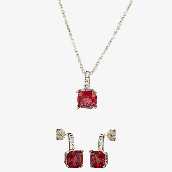 T. H. Baker Silver Red Cubic Zirconia Cushion-cut Pendant and Dropper Earring Set SET0470