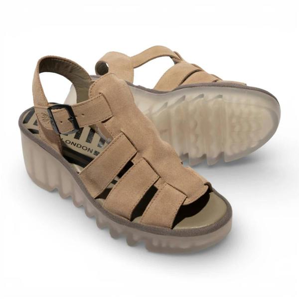 Fly London BAIC621FLY - Women’s Taupe Suede Leather Wedge Sandals