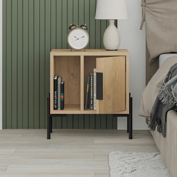 Decortie Modern Glynn Bedside Table Oak w/Black Metal T Legs 48(D)cm Nightstand 1-Door Storage Cabinet Metal Handle Bedroom Home