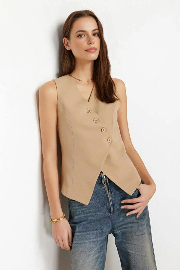 WOVCOR Woven Vest with Asymmetrical Buttons Detail
