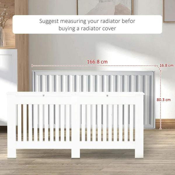 White radiator cover cabinet with vertical slatted grill and measuring guide lines.