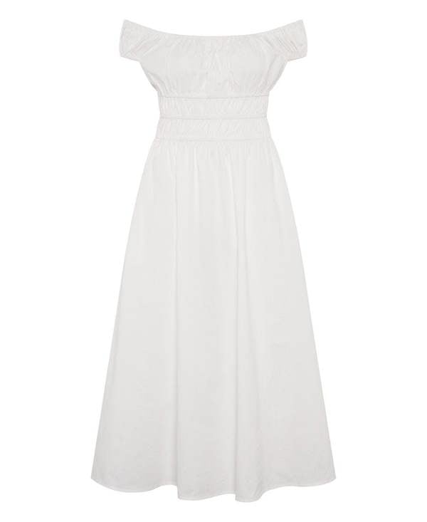 White Cotton Shirred Bardot Midi Dress