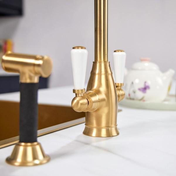 Flode Halden | Dual Lever Kitchen Sink Mixer Tap and Rinser with Swivel Spout | Brushed Brass Finish