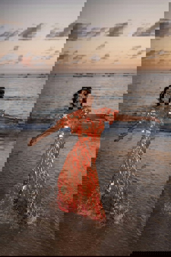 Gini London Orange Metallic Jacquard Flutter Sleeves Floral Maxi Dress