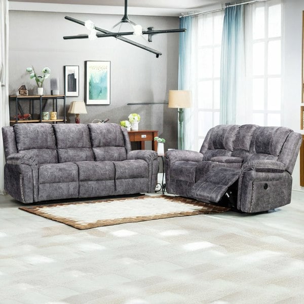 Furnishings For Less Galaxy Plush Velvet Grey Electric Reclining Sofa Suite