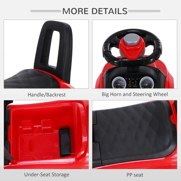 Red ride-on car detail view: handle/backrest, horn steering wheel, under-seat storage, PP seat