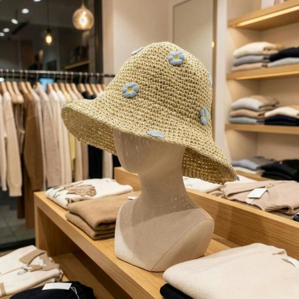Beige straw sun hat on stand with wide brim and light blue flower appliques