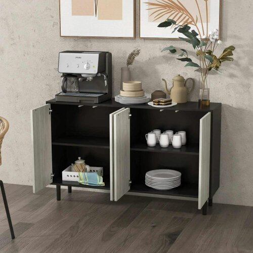 Bobobiy Kitchen Sideboard Storage Cabinet for Living Room with Adjustable Shelves 4 Doors and Pine Wood Legs Black