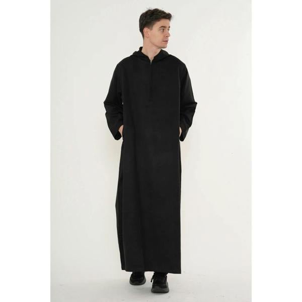 HM12 - Men's Hooded Suede Emirati Omani Zipped Thobe - Black - Thobez - 12