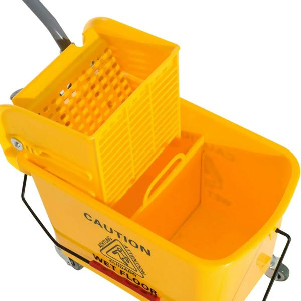 Yellow mop bucket on wheels with perforated wringer basket and water separation panel
