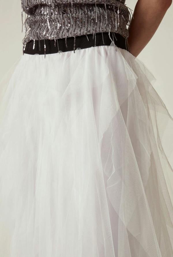 James Lakeland White Tulle Ruffle Midi Skirt