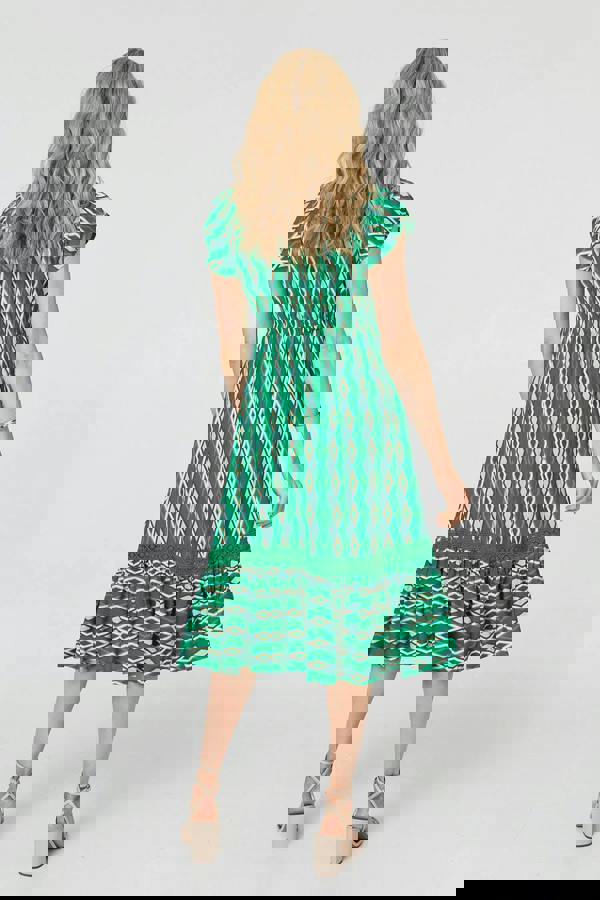 Green | Geo Print Cap Sleeve Lace Midi Dress