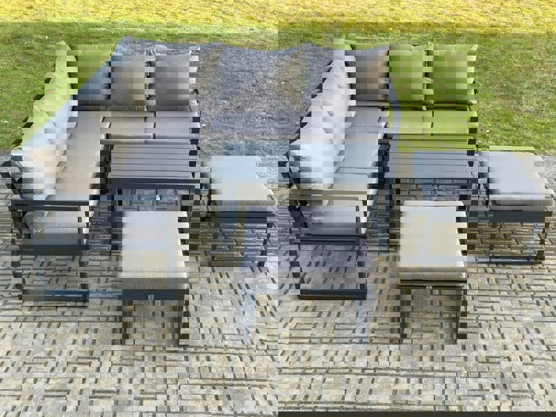 Fimous Aluminium Outdoor Garden Furniture Set Lounge Sofa Oblong Coffee Table Sets with 2 Big Footstool Indoor Conservatory Set Dark Grey