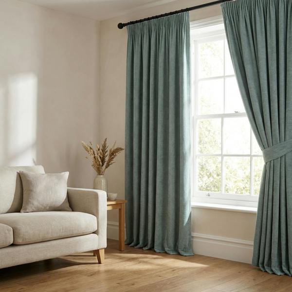 Kent made-to-measure curtains in Duck Egg, styled in a living room