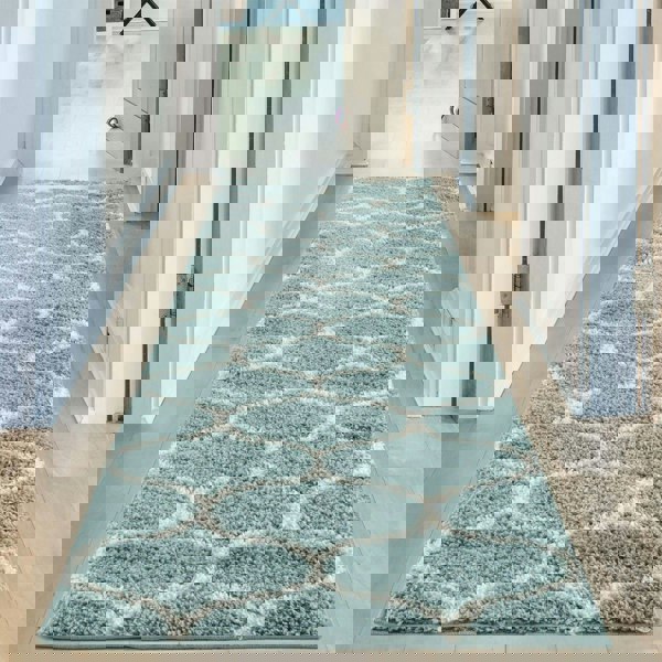 Trellis Design Thick Shaggy Area Rugs Duck Egg Blue