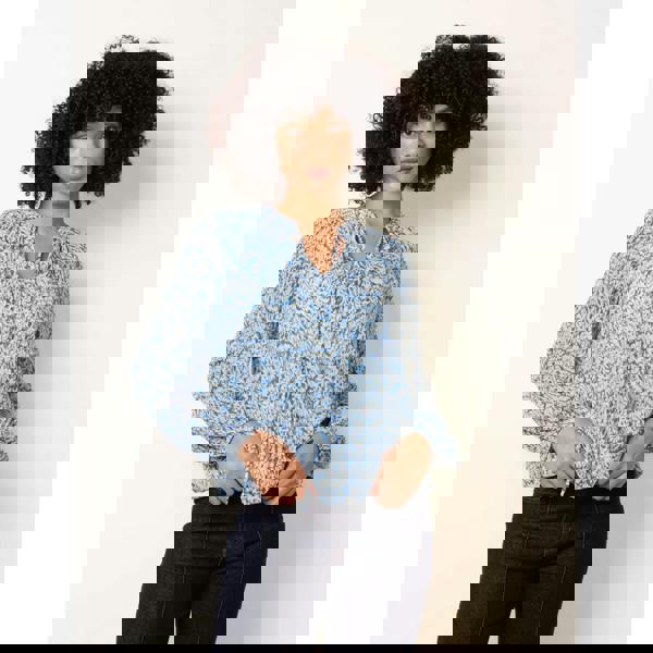 Blue Vanilla Grandad Tie Neck Puff Hem Watercolour Blouse