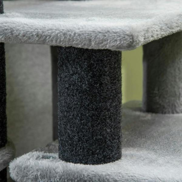Grey plush cat steps close-up of vertical support post and padded base