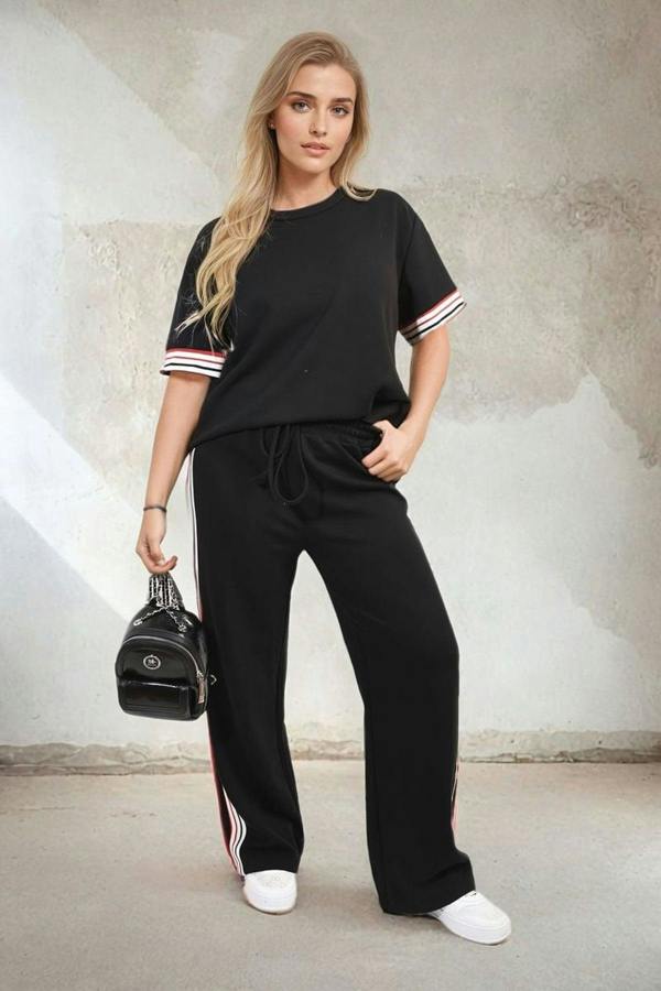 Jennifer Contrast Stripe Top And Wide Leg Trouser Co-ord Set - Black